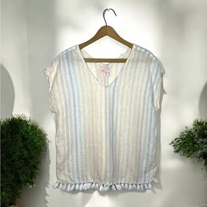ST. TROPEZ West Linen Metallic Weave Boho Tassel Hem Sleeveless V Neck Blouse